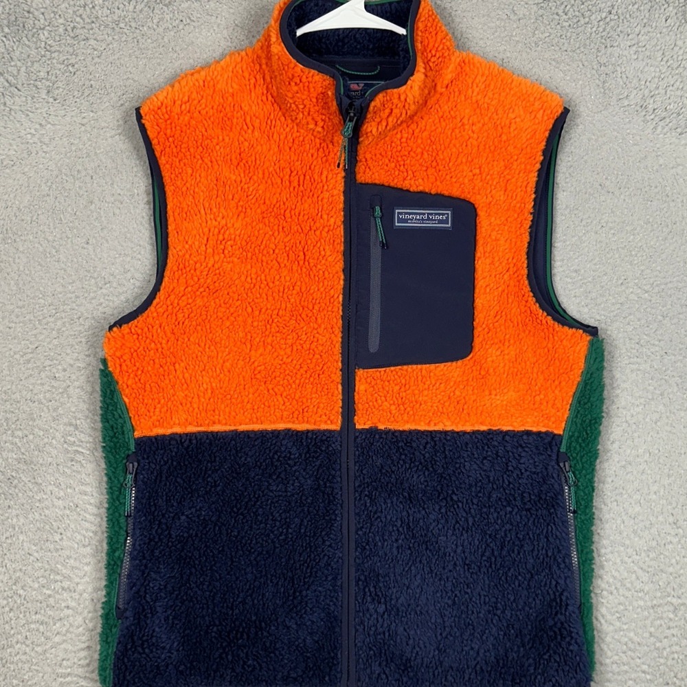 Vineyard Vines Vest Mens Medium Sherpa Fleece Orange Navy Colorblock Full Zip
